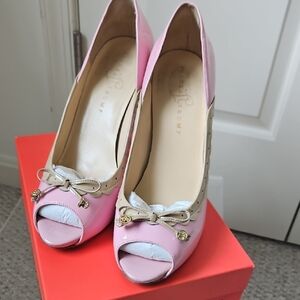 Ivanka Trump "Becka" Size 10 Elegant Pink and Cream Peep-Toe Heels with Bow